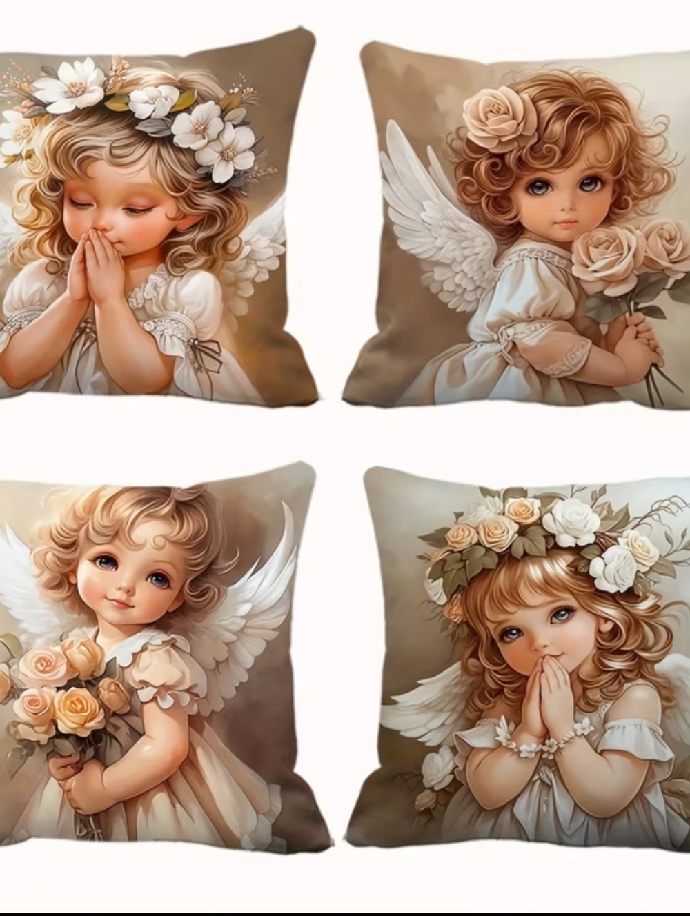 4 Pcs. Neutral Beige Angel Throw Pillow Set - Decorative Home Accent